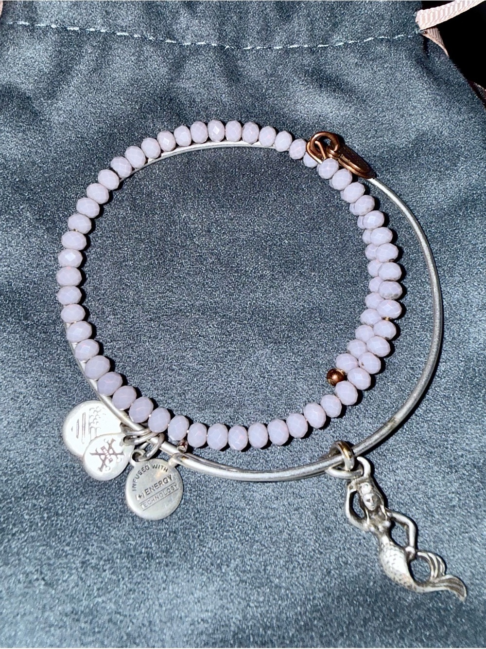 Alex and Ani Lilac Beaded Stack with Silver Bangle and Mermaid Charm